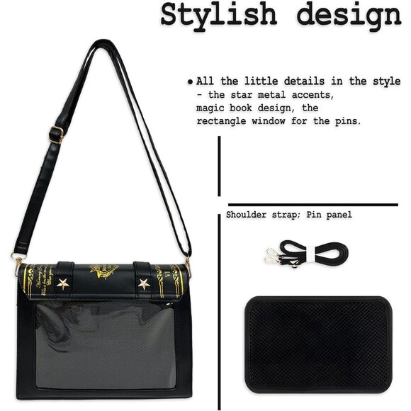 Cute Black Ita Bag with Pin Display - Adjustable Crossbody for Anime Lovers - Picture 4 of 6